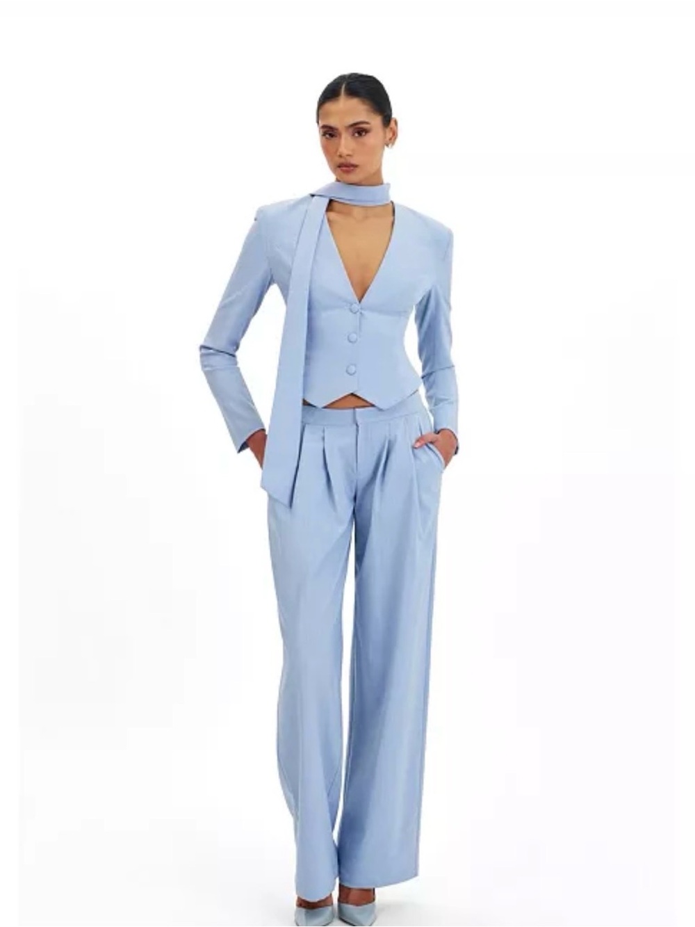 Miss Circle Renley Sky Blue Pinstripe Peplum Top and Reva Pants Small